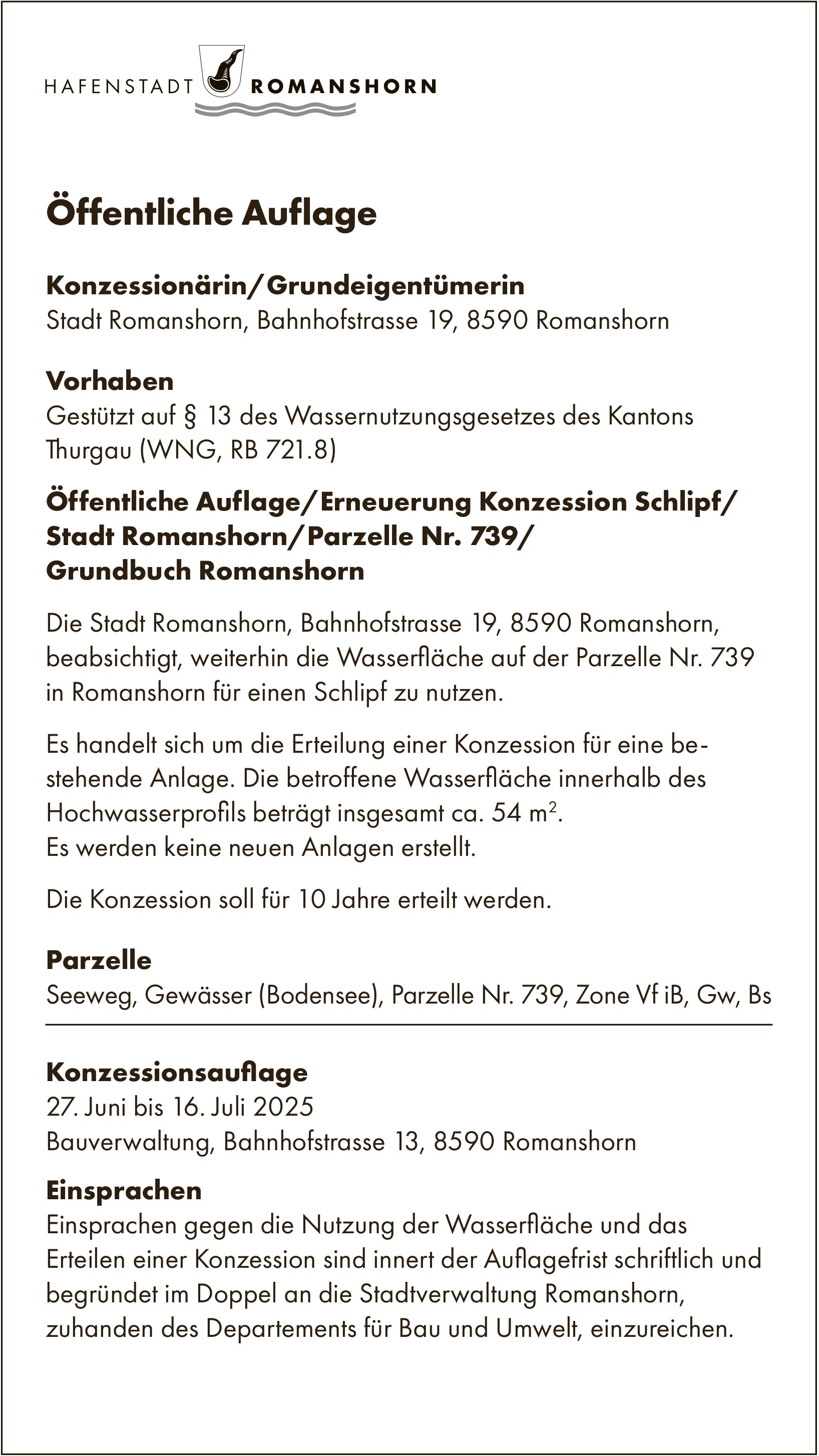 Öffentliche Auflage vom 27. Juni bis 16. Juli 2025, Hafenstadt Romanshorn