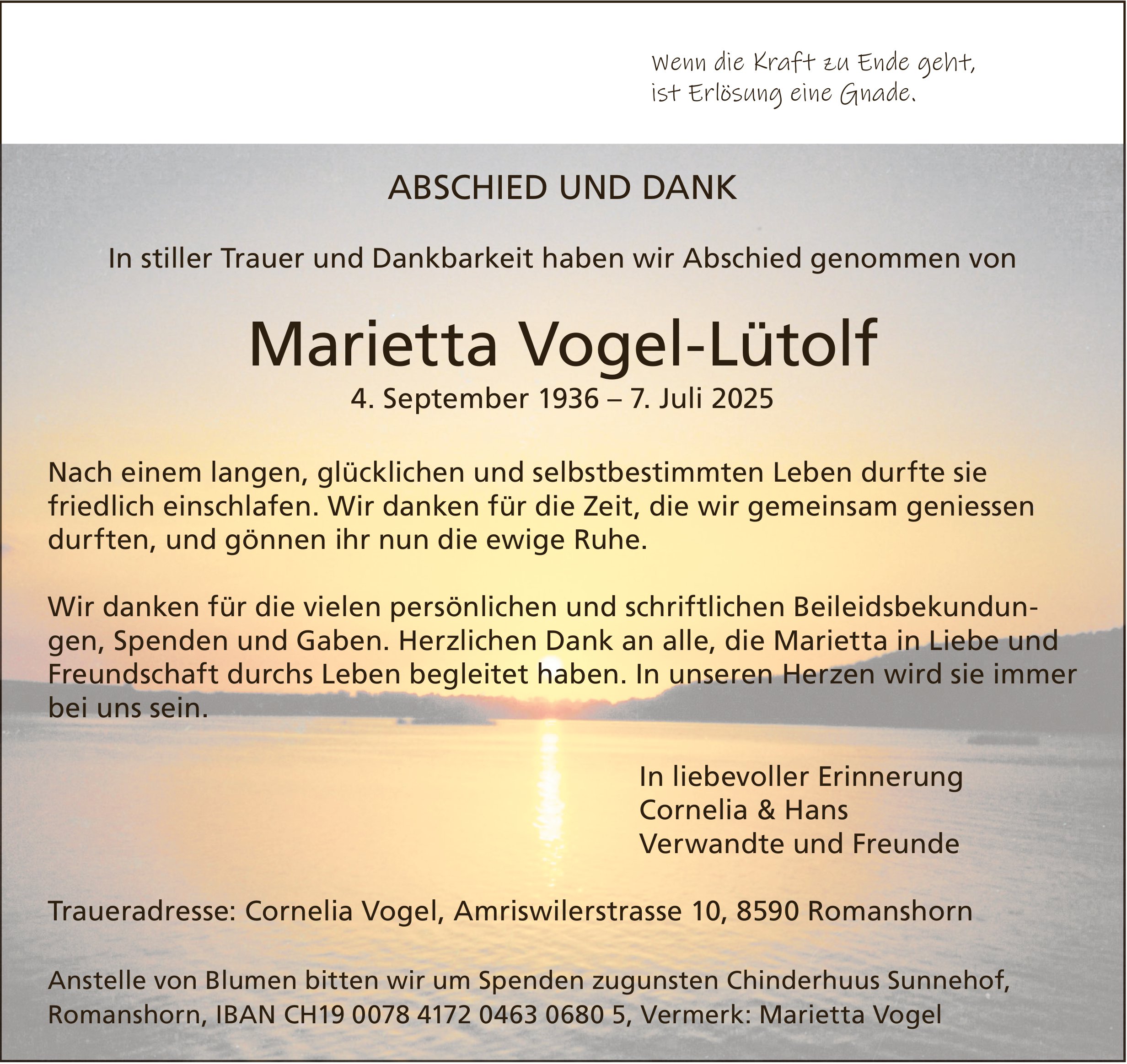 Vogel-Lütolf Marietta, im August 2025 / TA + DS