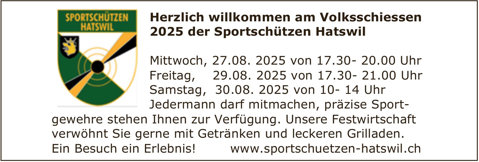 Volksschiessen 2025, 27. bis 30. August 2025
