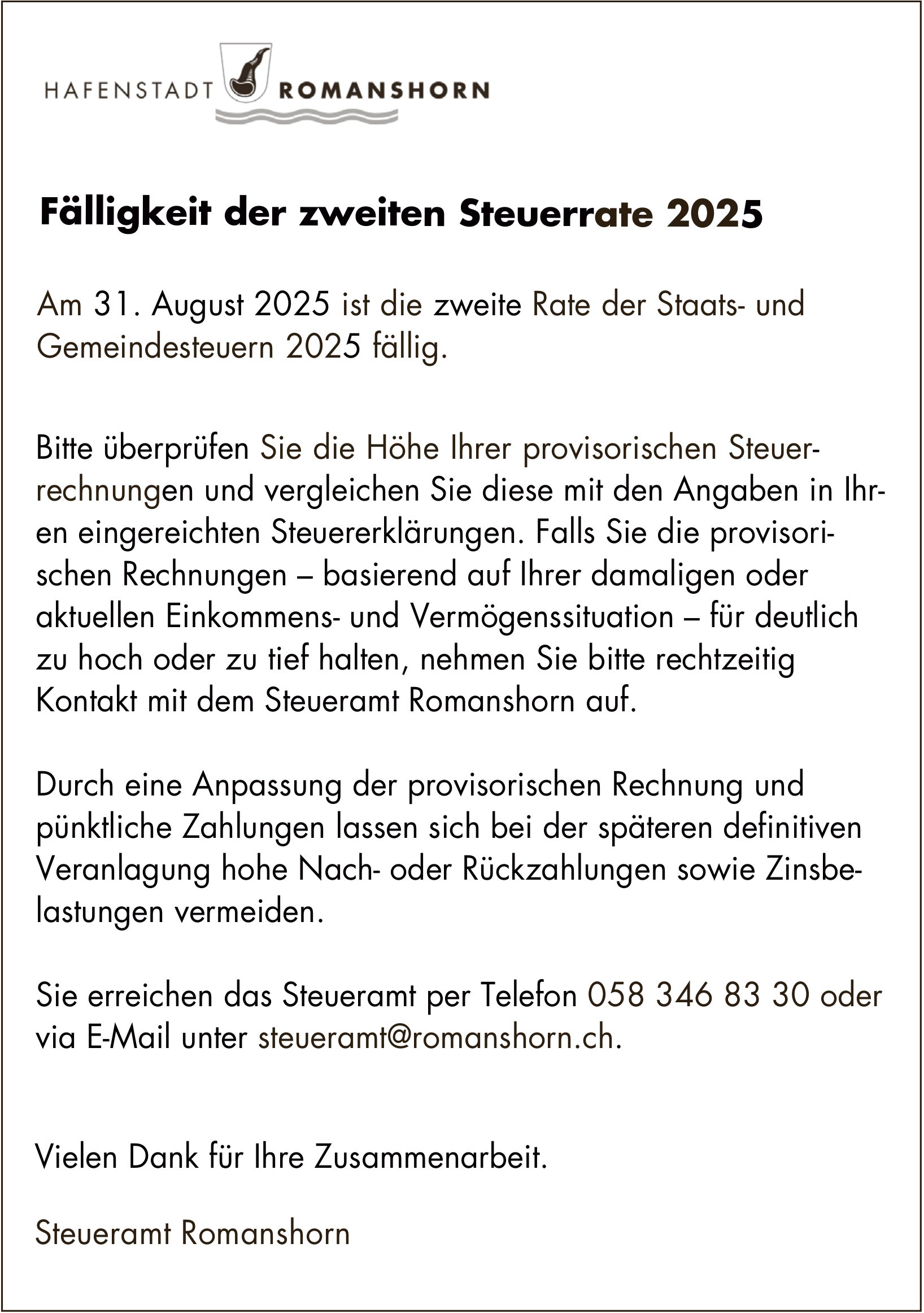 Gemeinde, Romanshorn – Fälligkeit der zweiten Steuerrate 2025