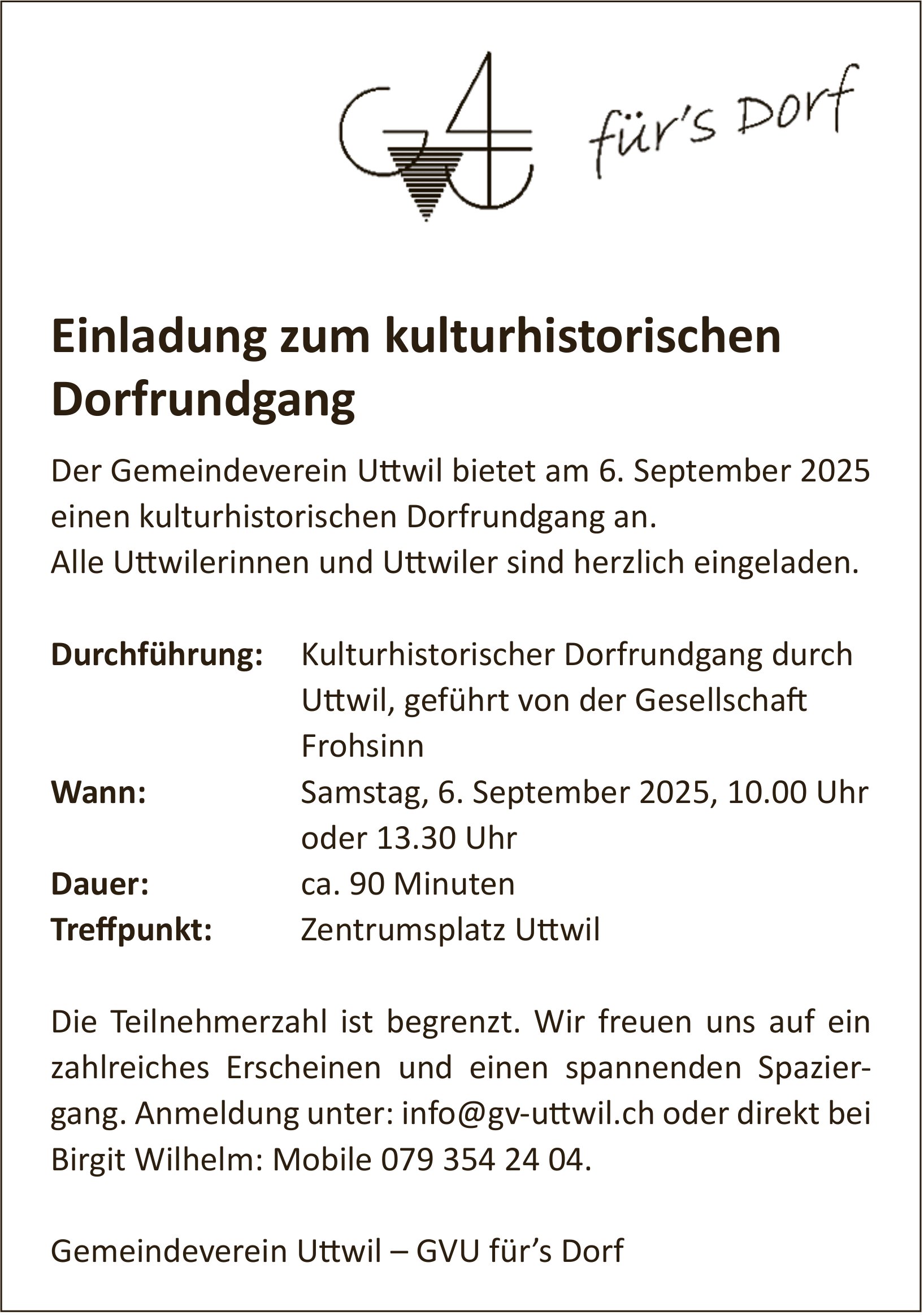 Einladung zum kulturhistorischen Dorfrundgang, 6. September, Gemeinde Uttwil