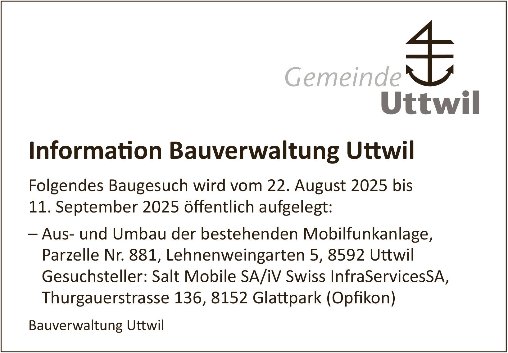 Information Bauverwaltung Uttwil, Gemeinde Uttwil