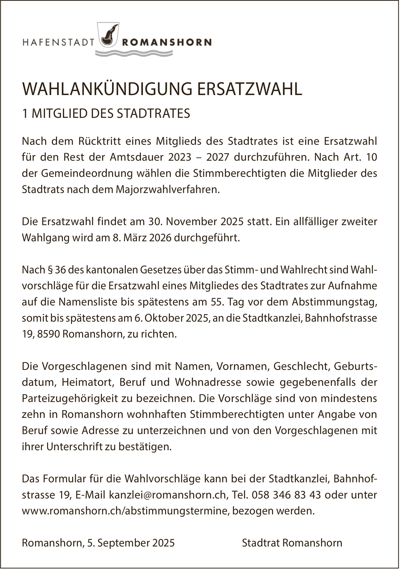 Wahlen & Abstimmungen, Hafenstadt Romanshorn, WAHLANKÜNDIGUNG ERSATZWAHL
