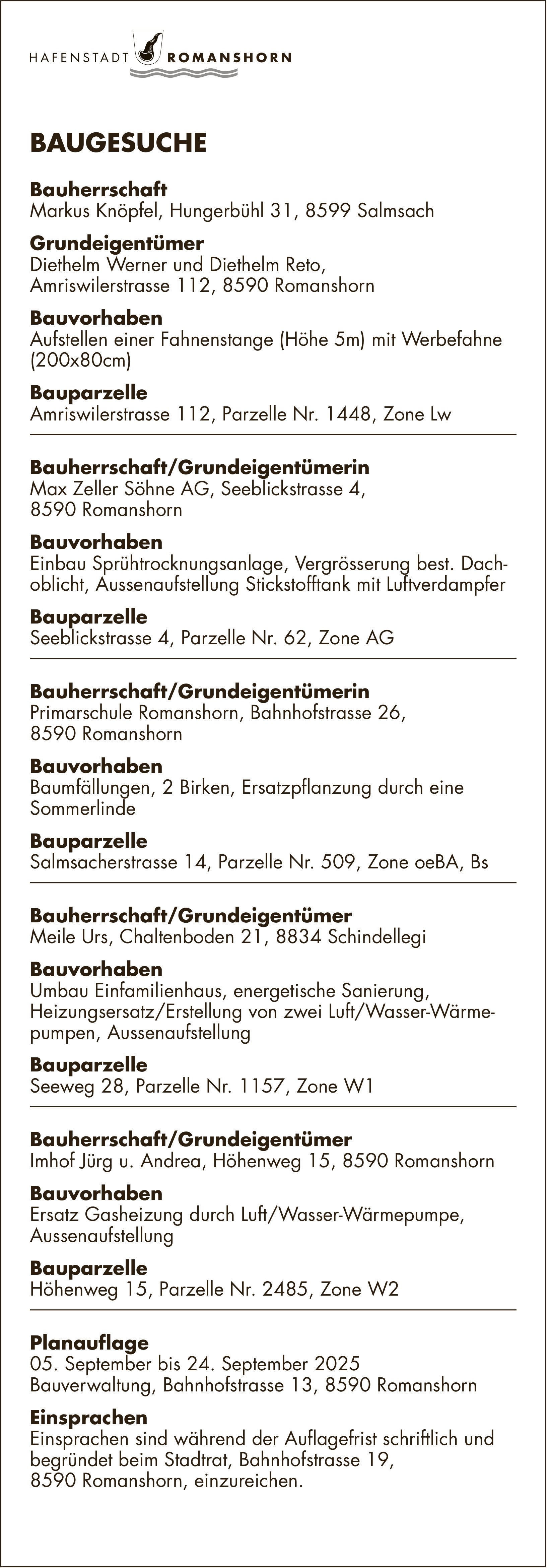 BAUGESUCHE vom 5. bis 24. September 2025, Hafenstadt Romanshorn