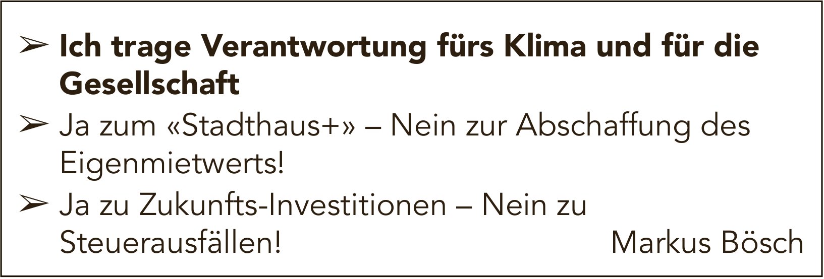 Markus Bösch, Ja zum «Stadthaus+» –Nein zur Abschaffung des Eigenmietwerts!
