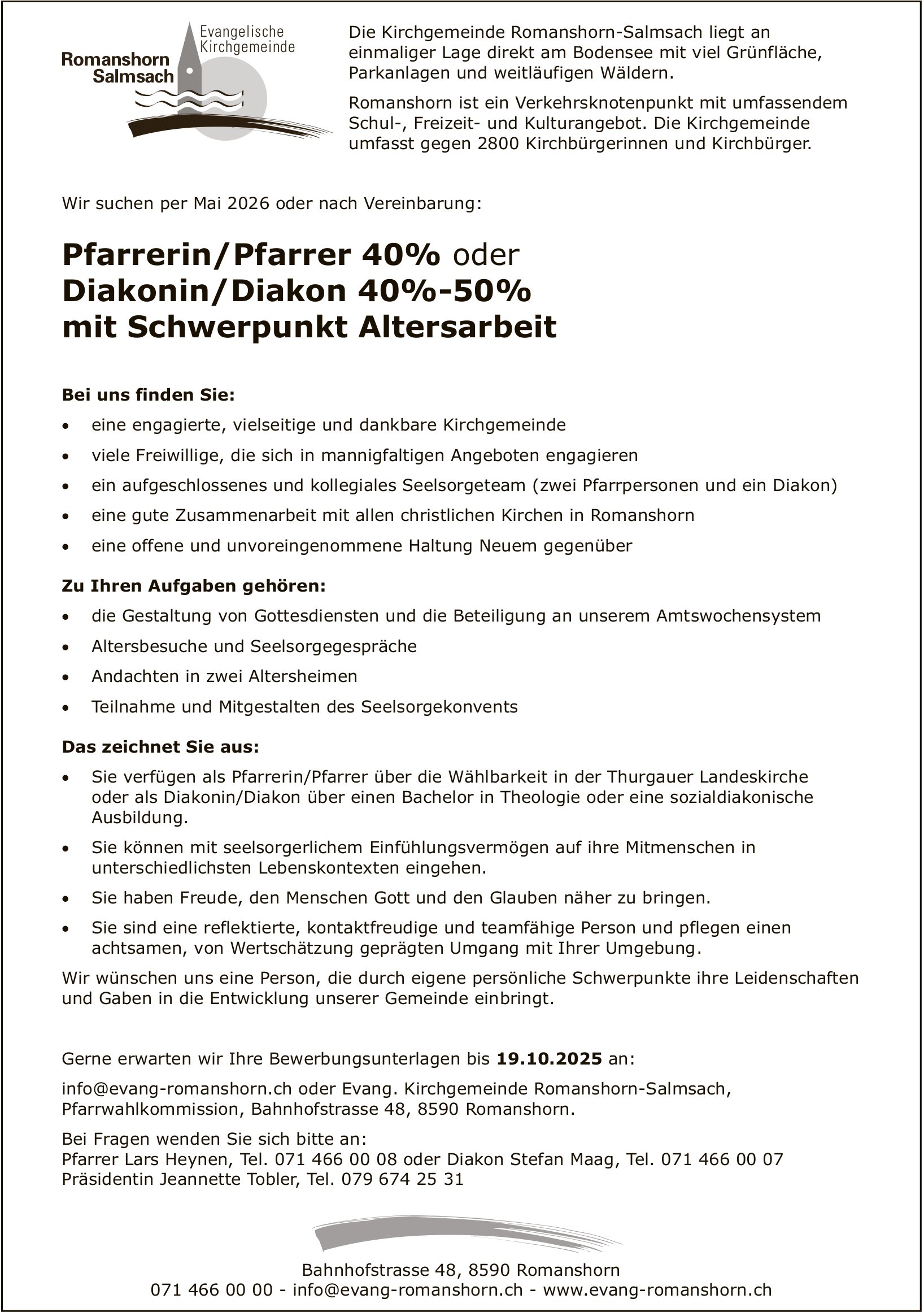 Evang Romanshorn, Pfarrerin/Pfarrer 40% oder Diakonin/Diakon 40%-50% mit Schwerpunkt Altersarbeit