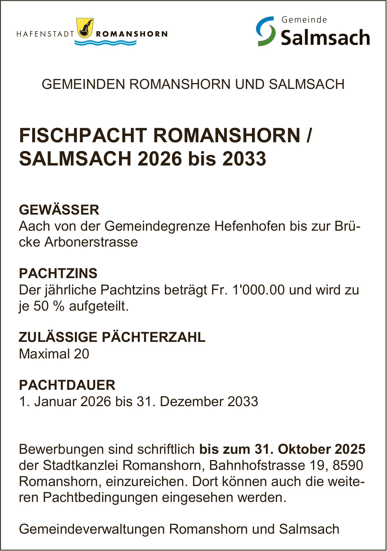 Sonstiges, Fischpacht Romanshorn/Salmsach 2026 bis 2033