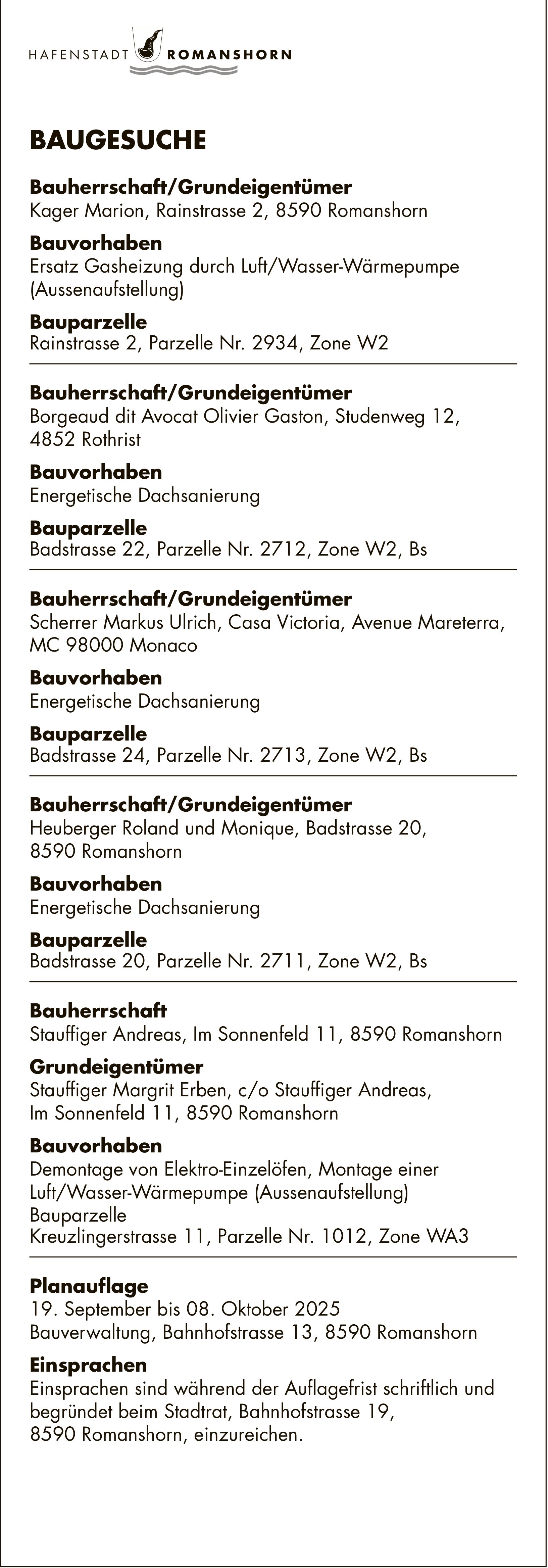 BAUGESUCHE, vom 19. September bis 8. Oktober 2025, Hafenstadt Romanshorn