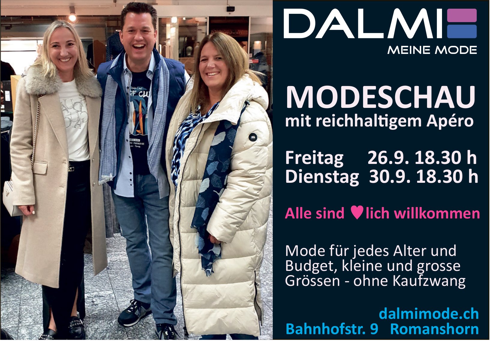 MODESCHAU mit reichhaltigem Apero, 26. - 30. September, DALMI Mode, Romanshorn