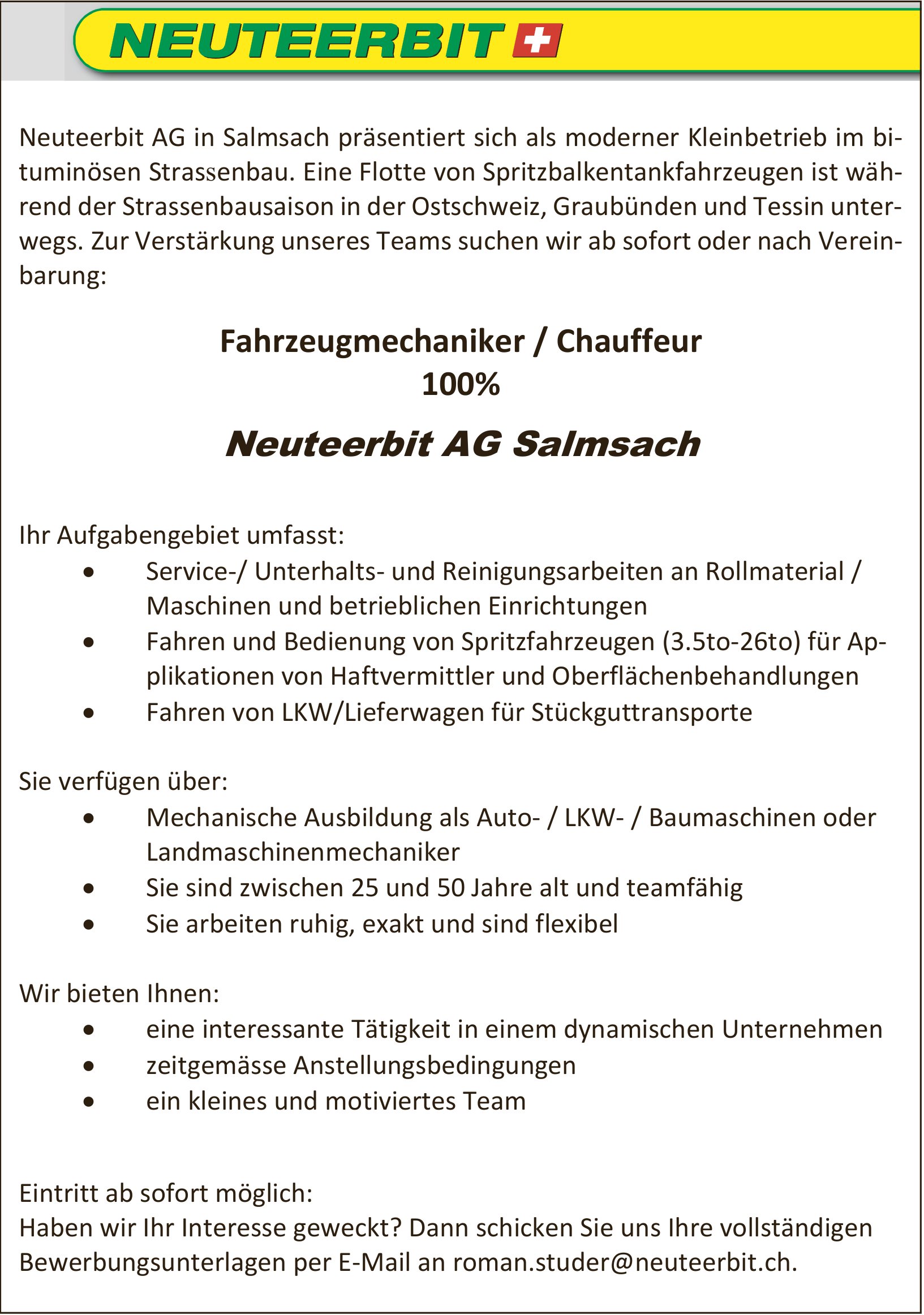 Neuteerbit AG, Salmsach - Fahrzeugmechaniker/Chauffeur 100%