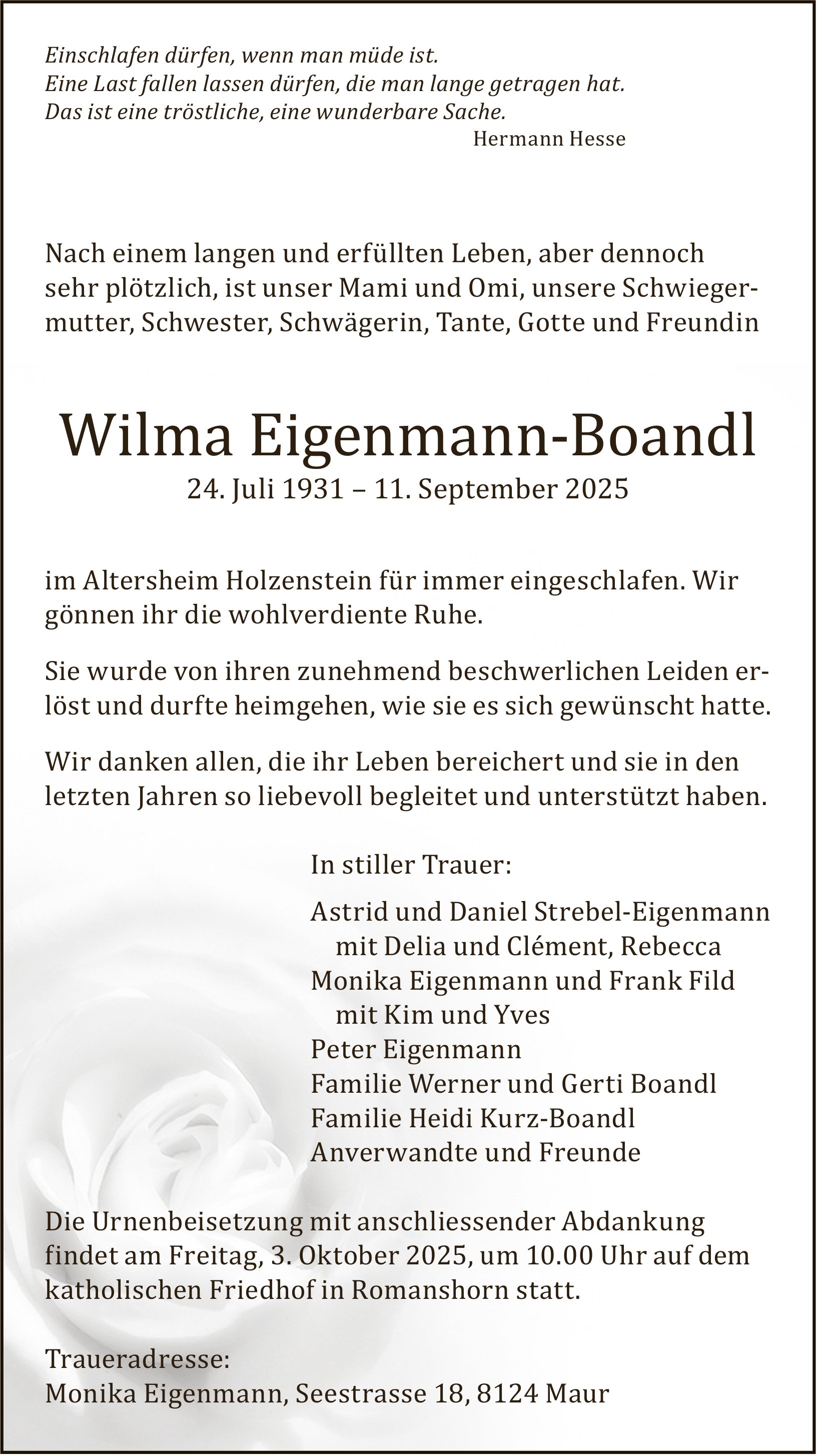 Eigenmann-Boandl Wilma, September 2025 / TA