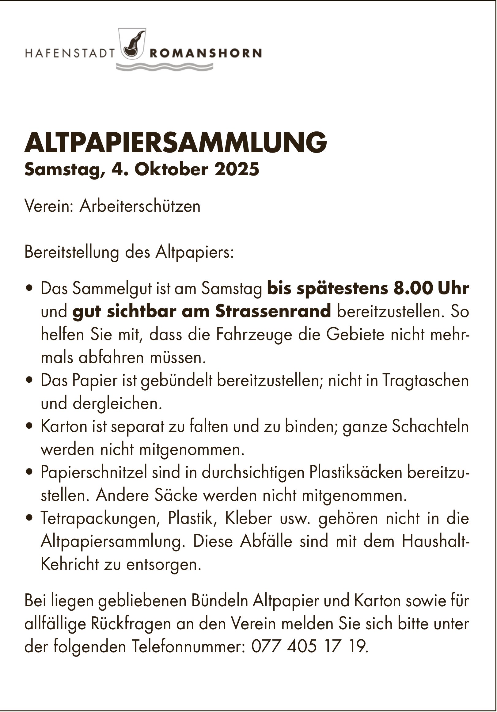 Sonstiges, Hafenstadt Romanshorn, ALTPAPIERSAMMLUNG, Samstag,  4. Oktober 2025