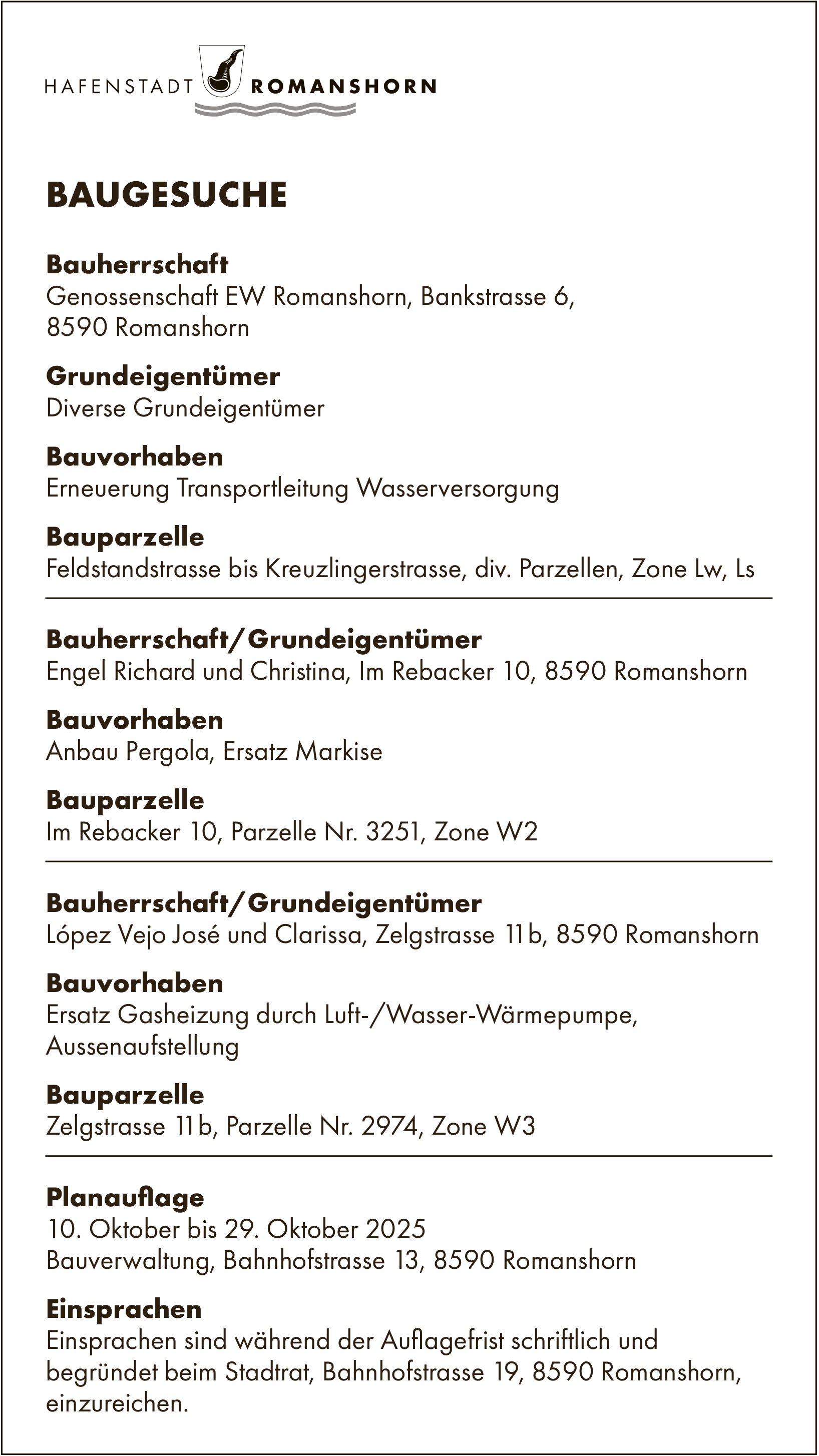 BAUGESUCHE, vom 10. bis 29. Oktober 2025, Hafenstadt Romanshorn