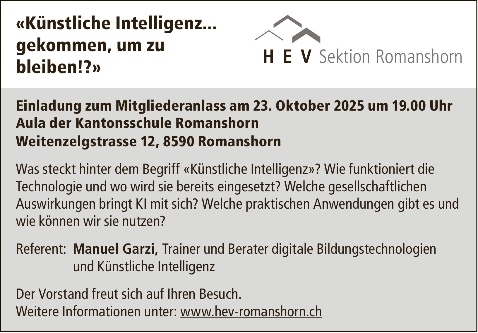 Einladung zum Mitgliederanlass, 23. Oktober, Aula Kantonsschule