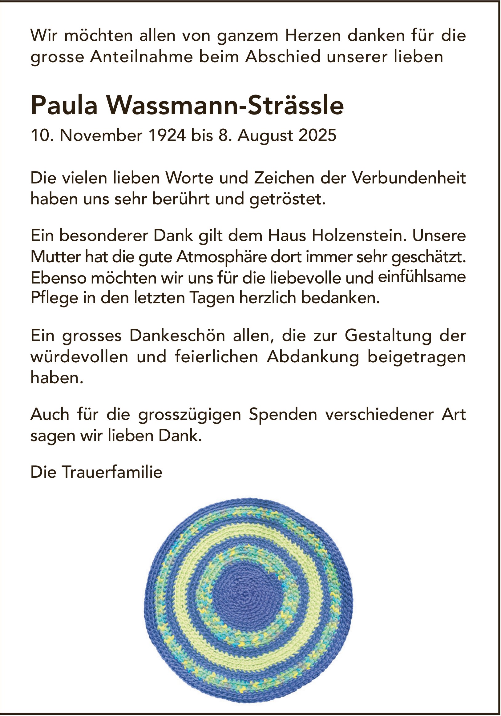 Wassmann-Strässle Paula, im Oktober 2025 / DS