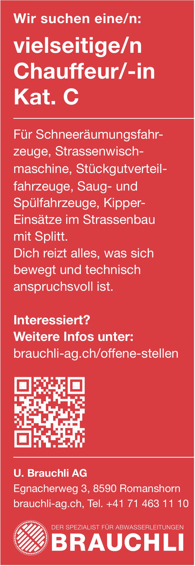 U. Brauchli AG, Romanshorn - Gesucht: vielseitige/n Chauffeur/-in Kat. C