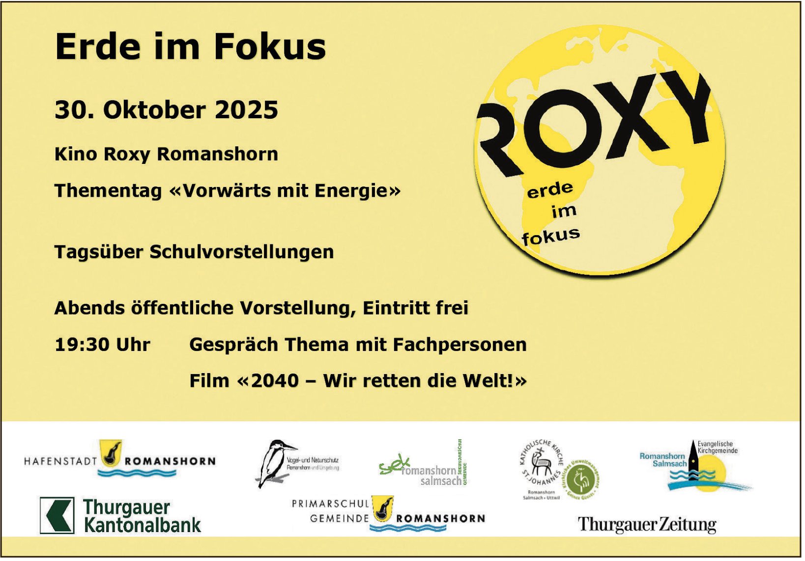 Erde im Fokus: Thementag «Vorwärts mit Energie», 30. Oktober, Kino Roxy, Romanshorn