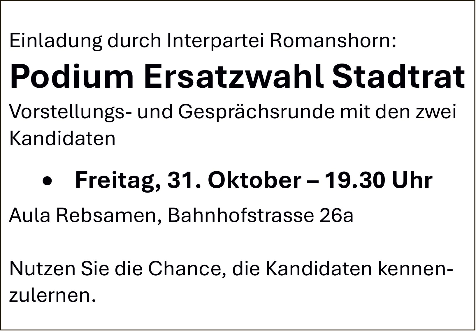 Podium Ersatzwahl Stadtrat, 31. Oktober, Aula Rebsamen