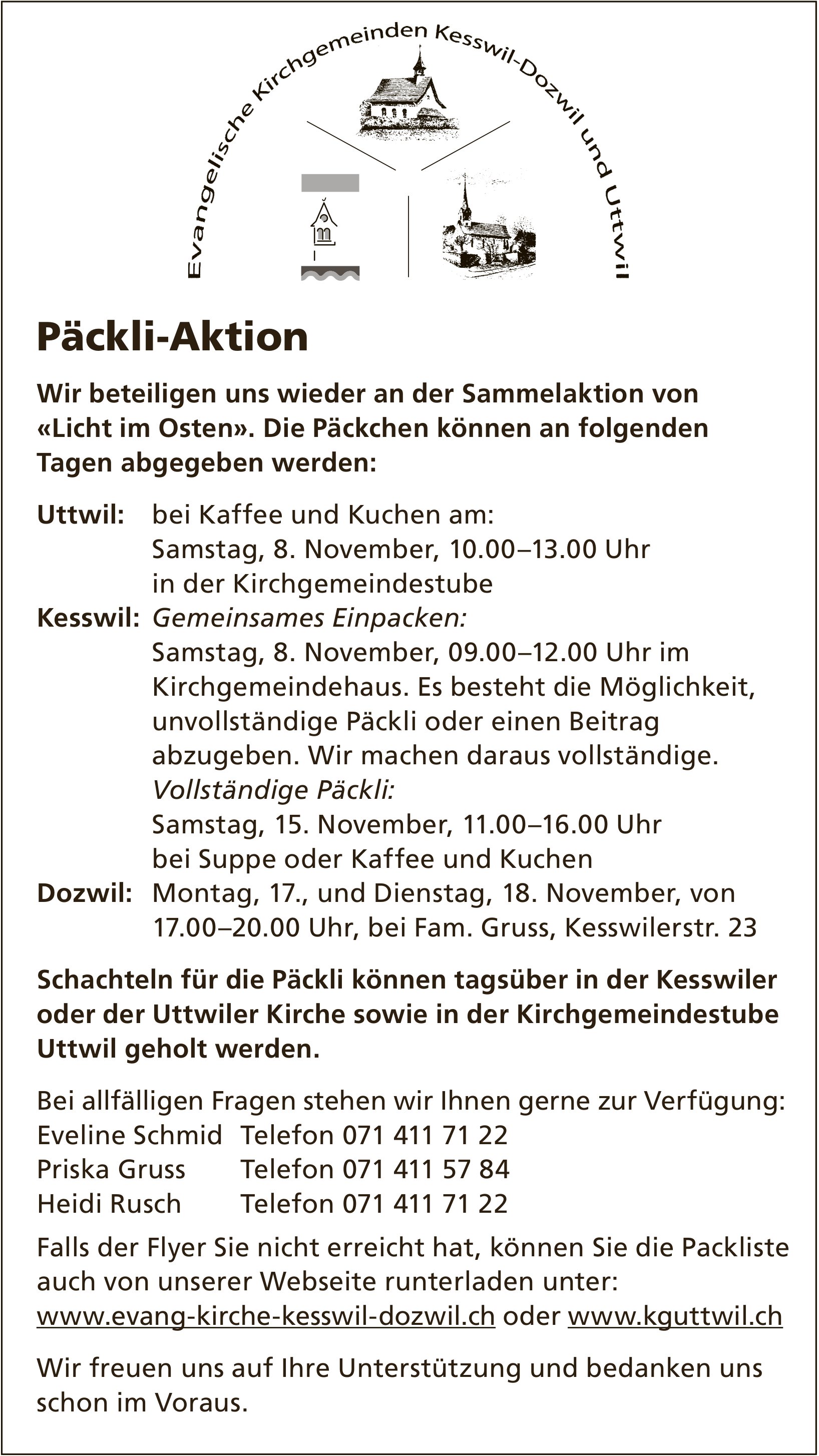 Evang. Kirche Kesswil Dozwil, Uttwil - Päckli-Aktion