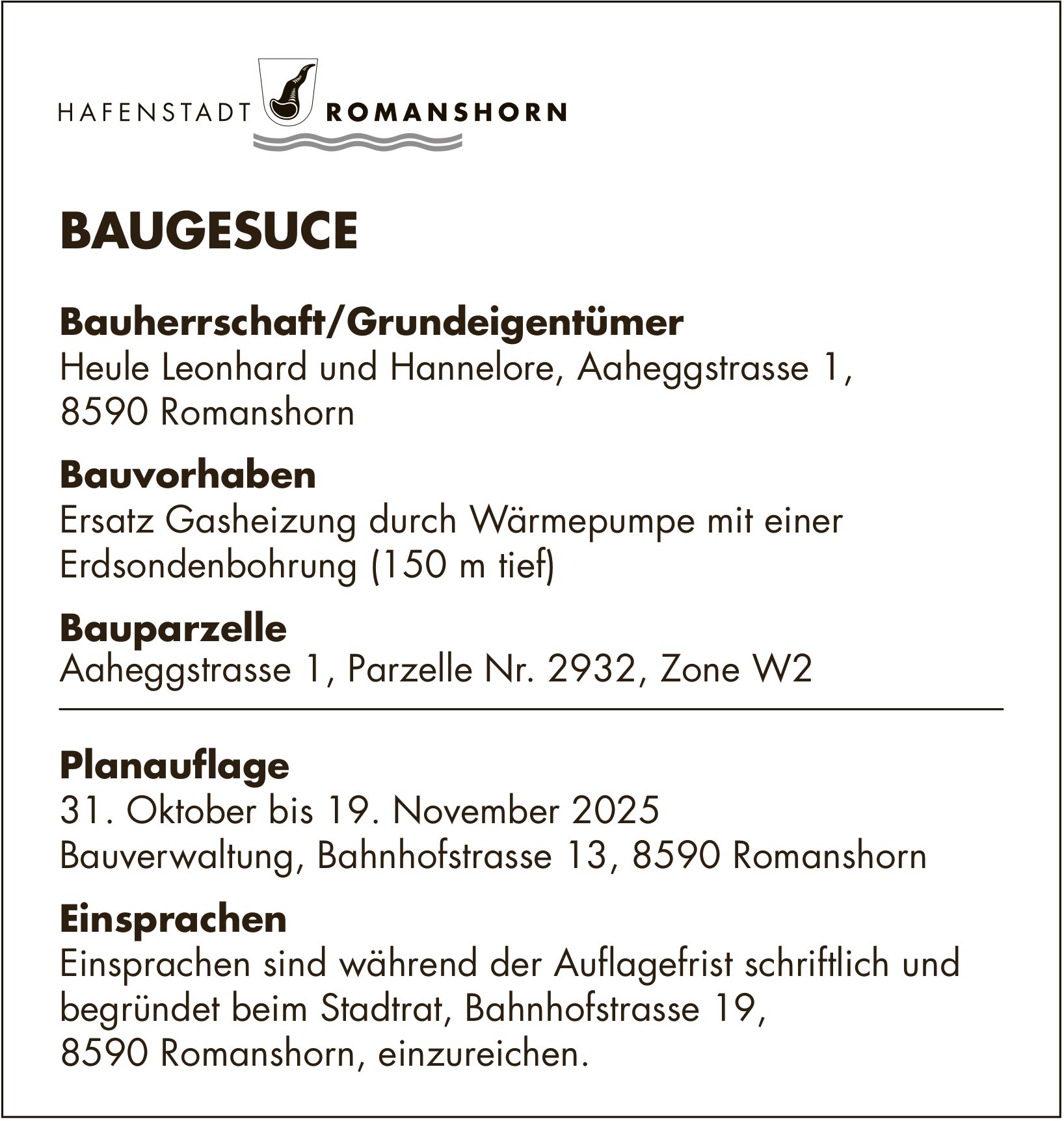 BAUGESUCH vom 31. Oktober bis 19. November 2025, Hafenstadt Romanshorn
