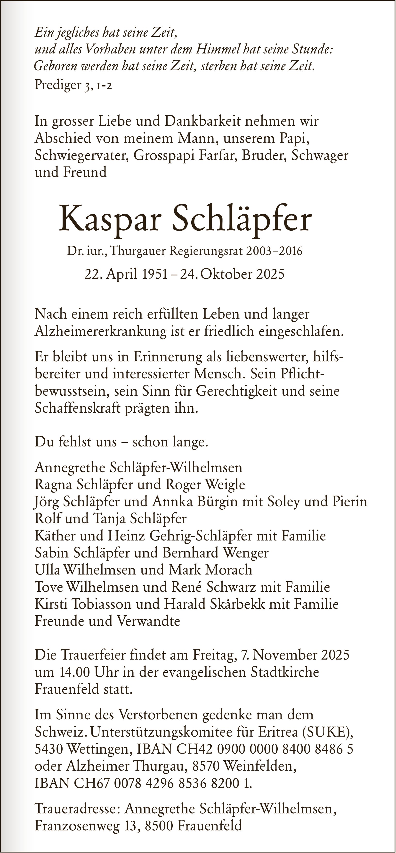 Schläpfer Kaspar, Oktober 2025 / TA