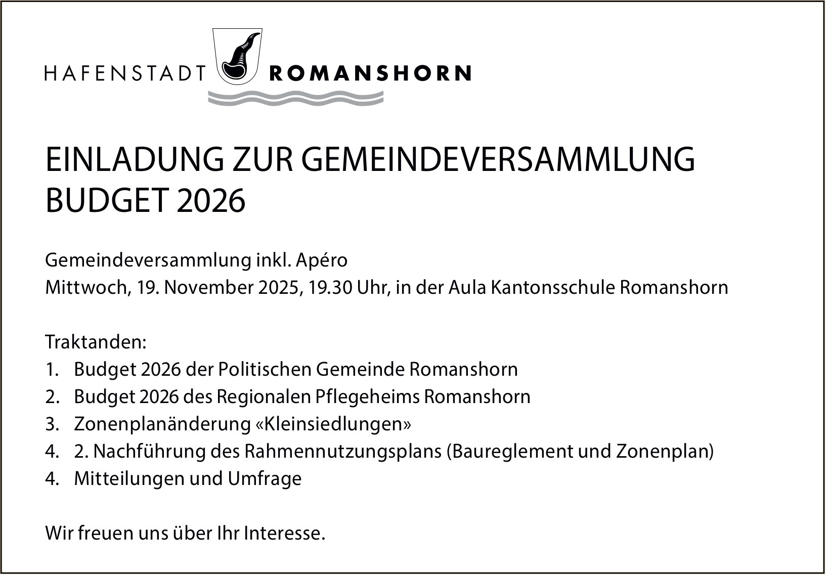 Einladung zur Gemeindeversammlung Budget 2026, 19. November, Aula Kantonsschule