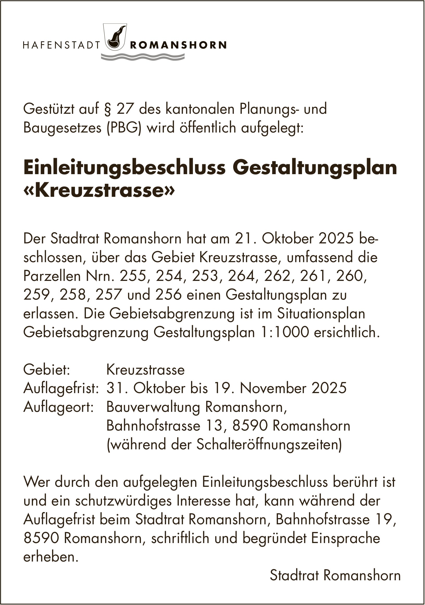 Einleitungsbeschluss Gestaltungsplan «Kreuzstrasse», Hafenstadt Romanshorn