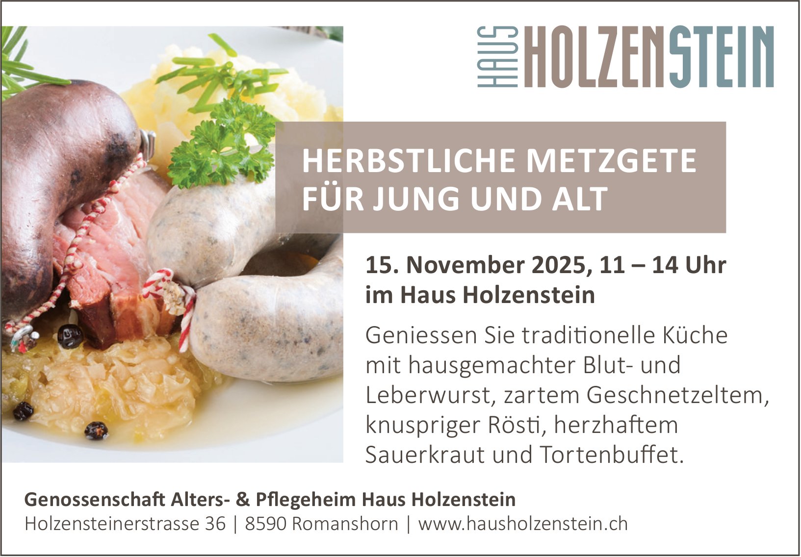 HERBSTLICHE METZGETE FÜR JUNG UND ALT, 15. November, Haus Holzenstein, Romanshorn
