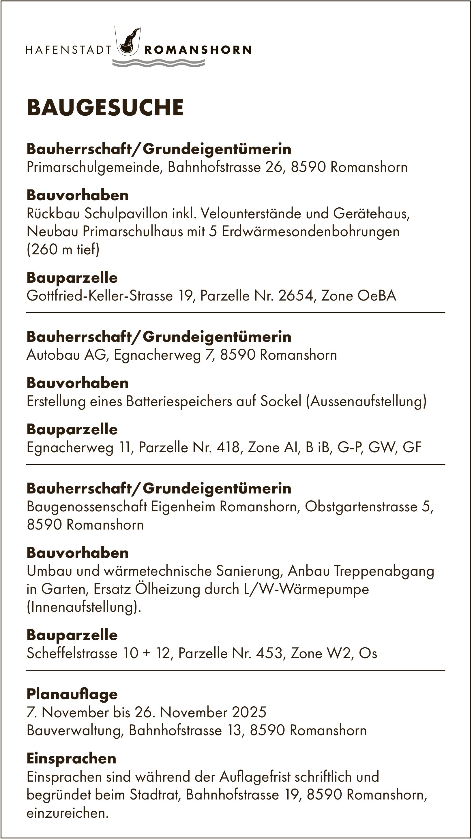 BAUGESUCHE vom 7. bis 26. November 2026, Hafenstadt Romanshorn