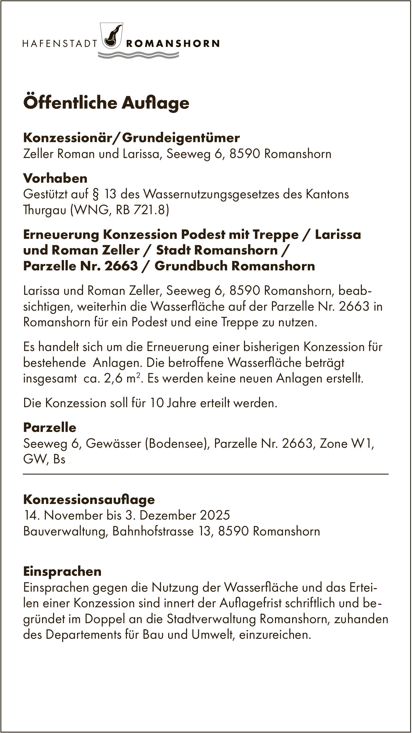 Öffentliche Auflage, Hafenstadt Romanshorn