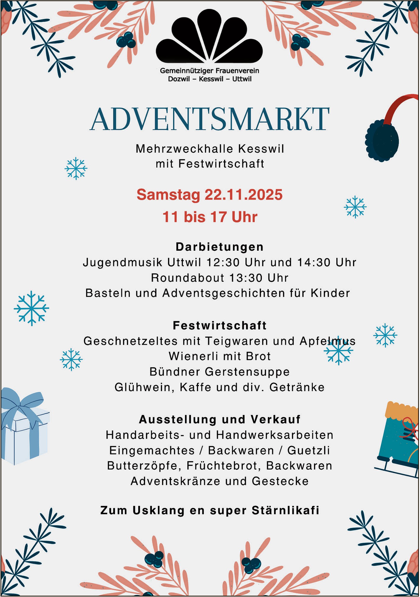 Adventsmarkt, 22. November, Mehrzweckhalle Kesswil, Dozwil