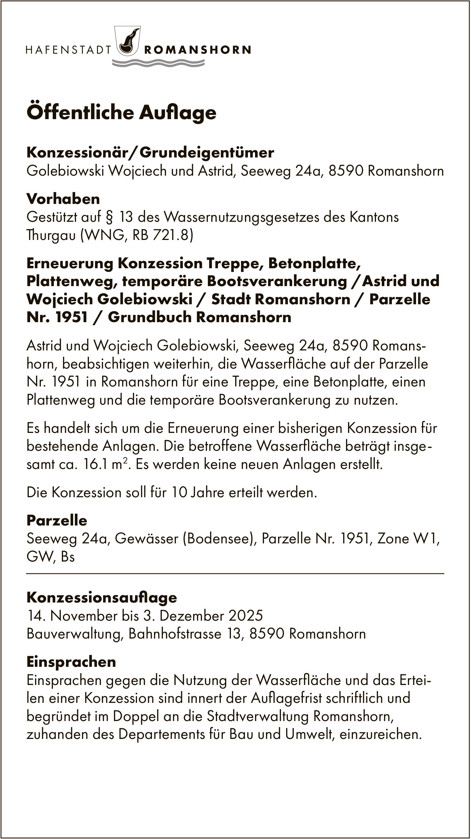 Sonstiges, Konzessionär/Grundeigentümer, Öffentliche Auflage