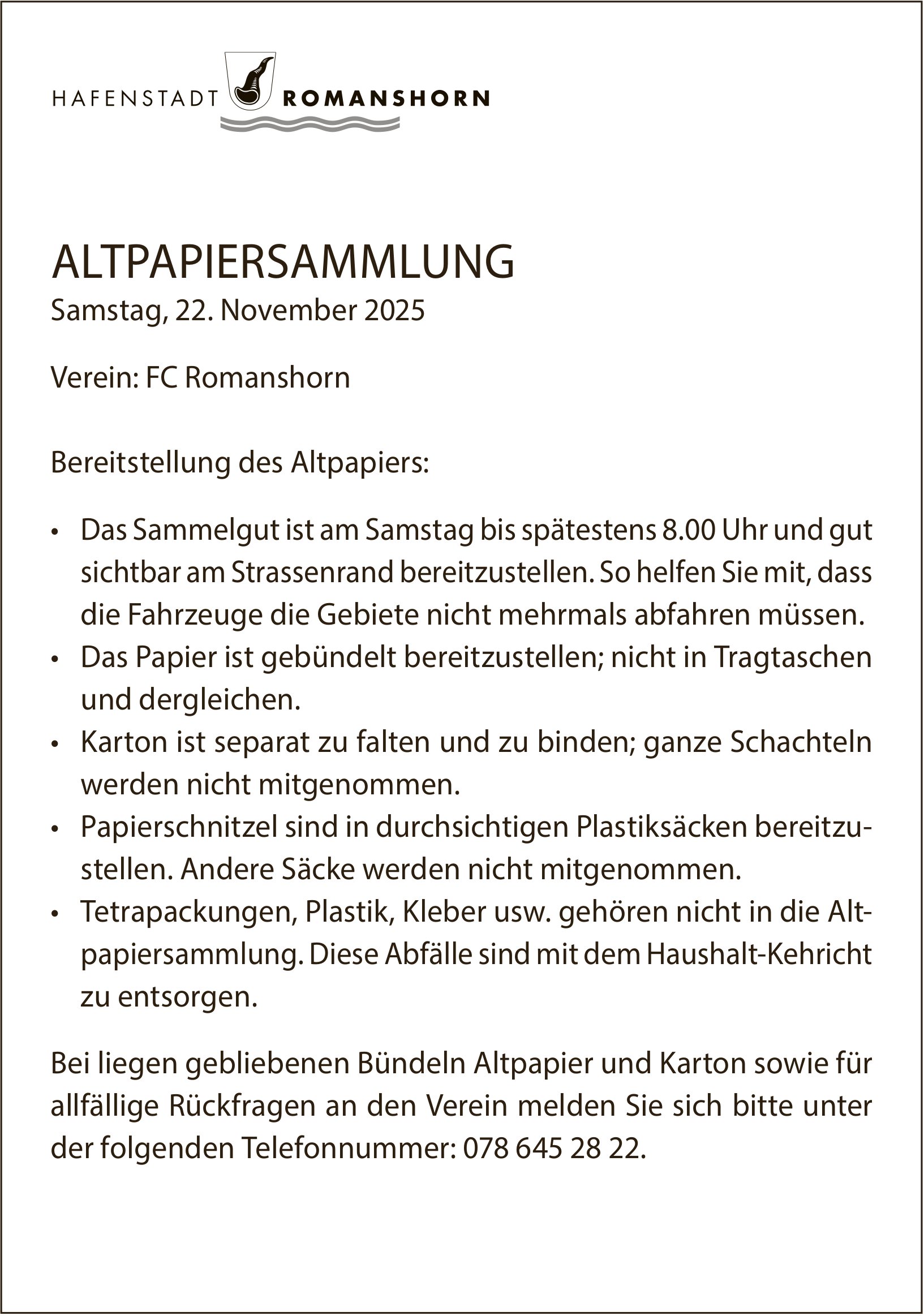 Sonstiges, Hafenstadt Romanshorn, ALTPAPIERSAMMLUNG