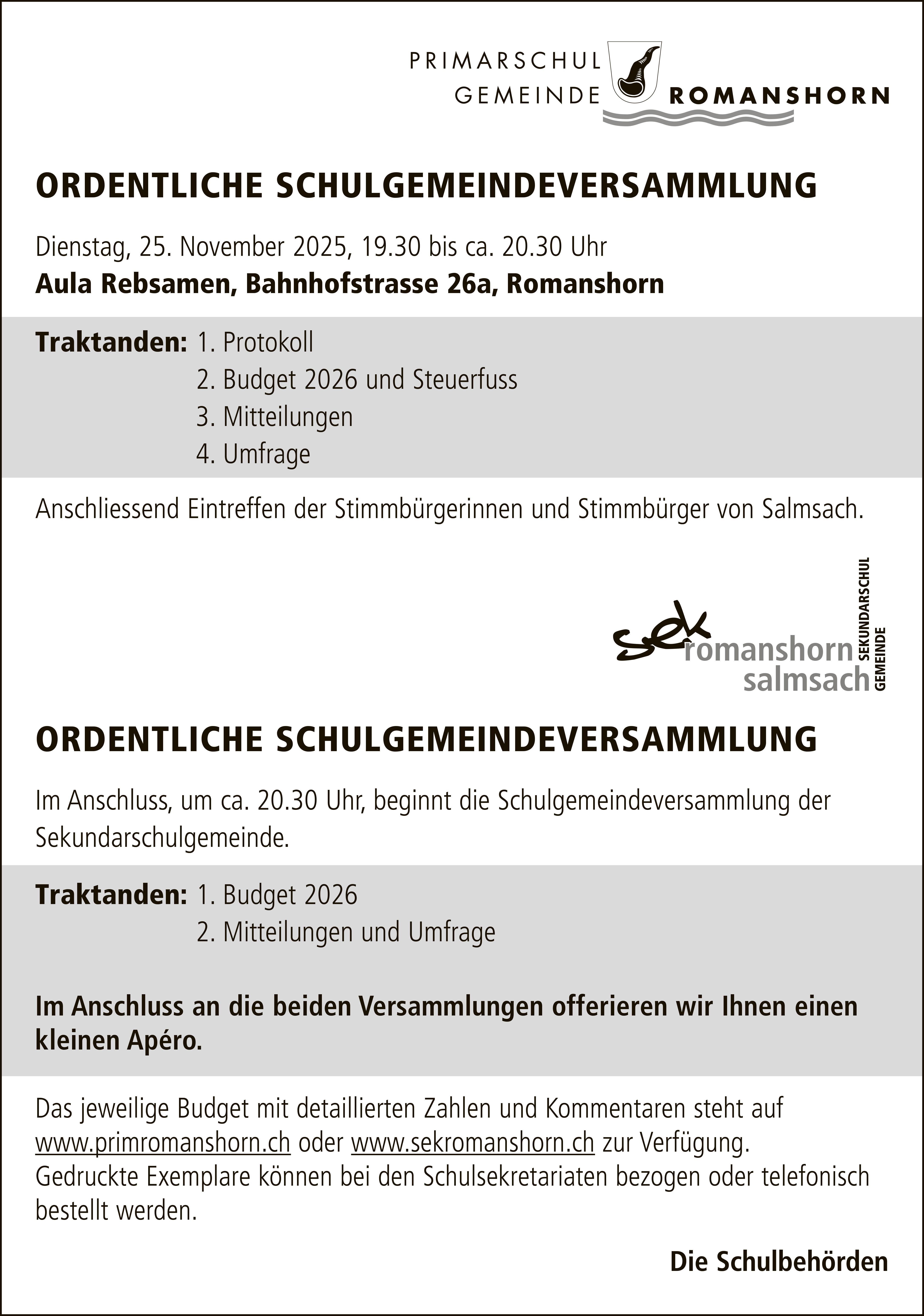 Ordentliche Schulgemeindeversammlung, 25. November, Romanshorn