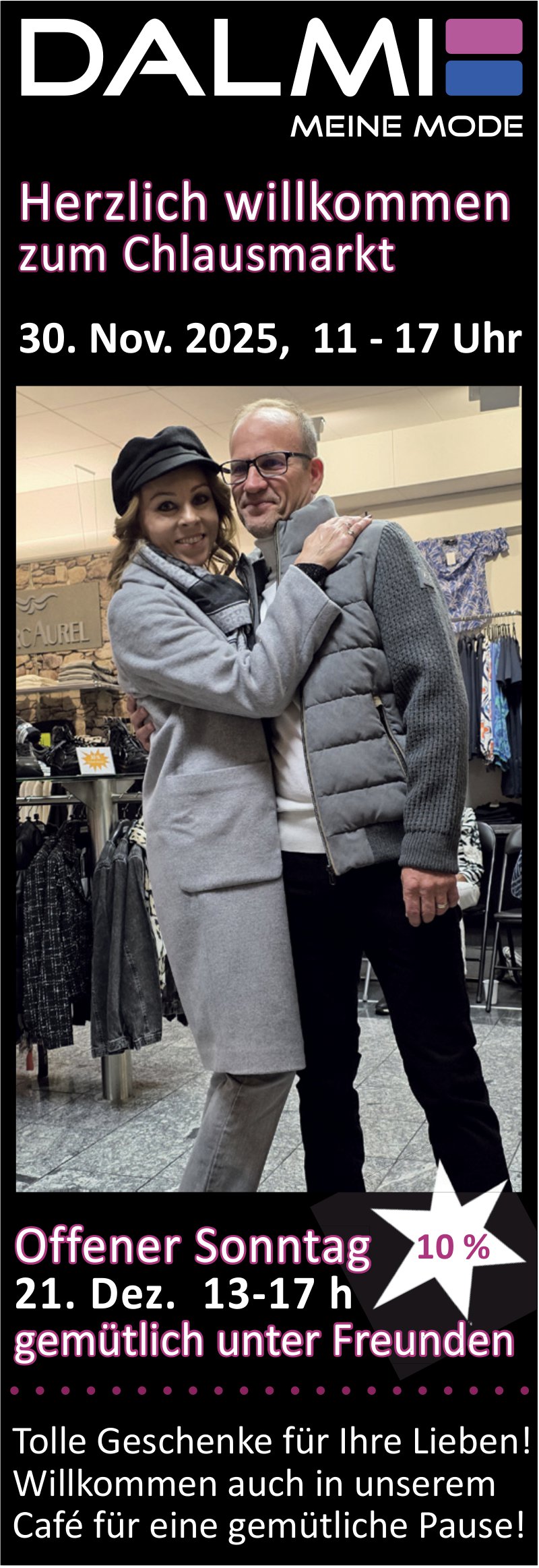 Herzlich willkommen zum Chlausmarkt, 30. - 21. Dezember, DALMI Mode