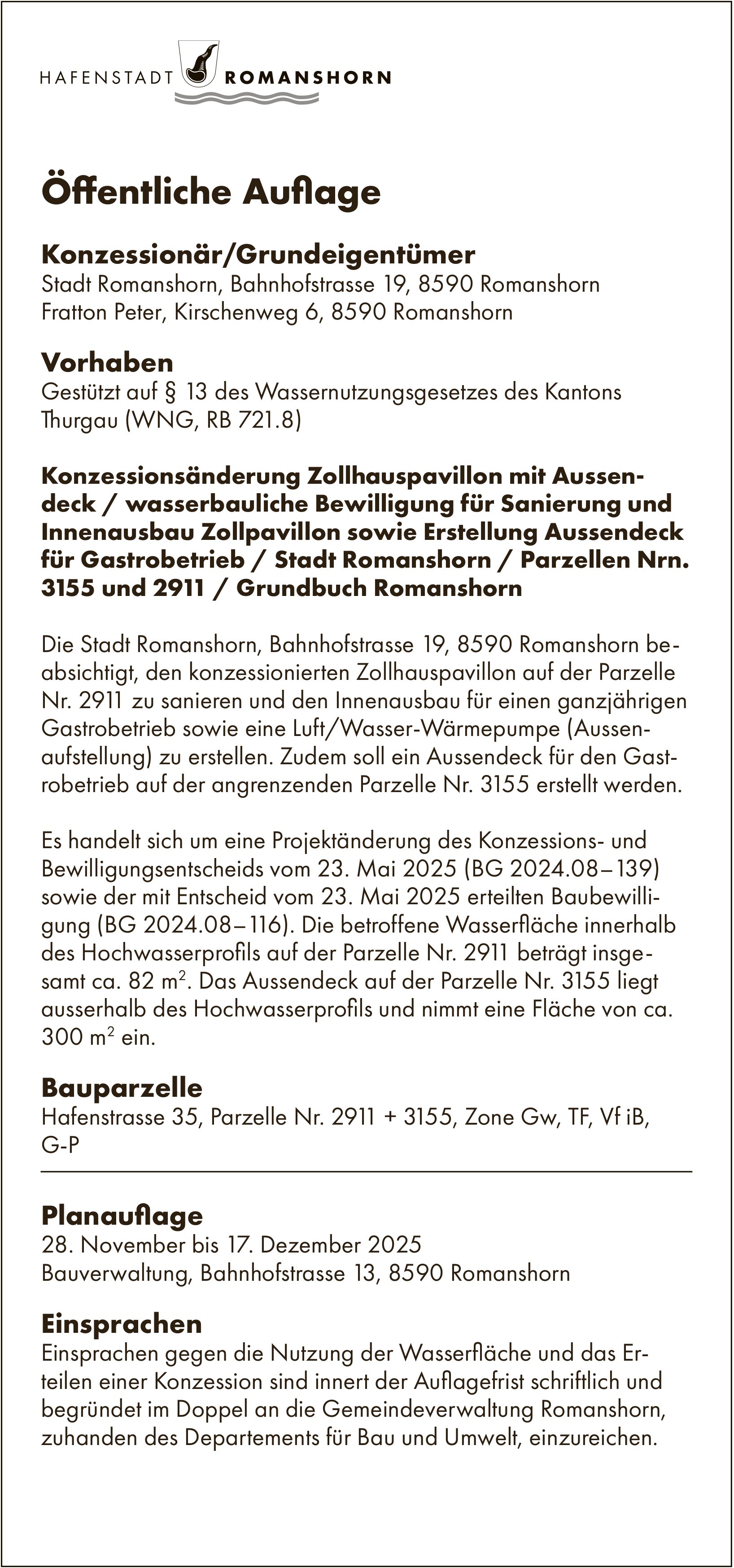 Öffentliche Auflage vom 28. November bis 17. Dezember 2025, Hafenstadt Romanshorn