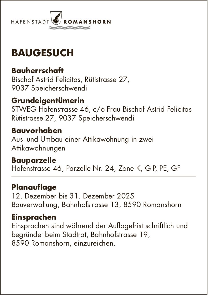 BAUGESUCH vom 12. bis 31. Dezember 2025, Hafenstadt Romanshorn