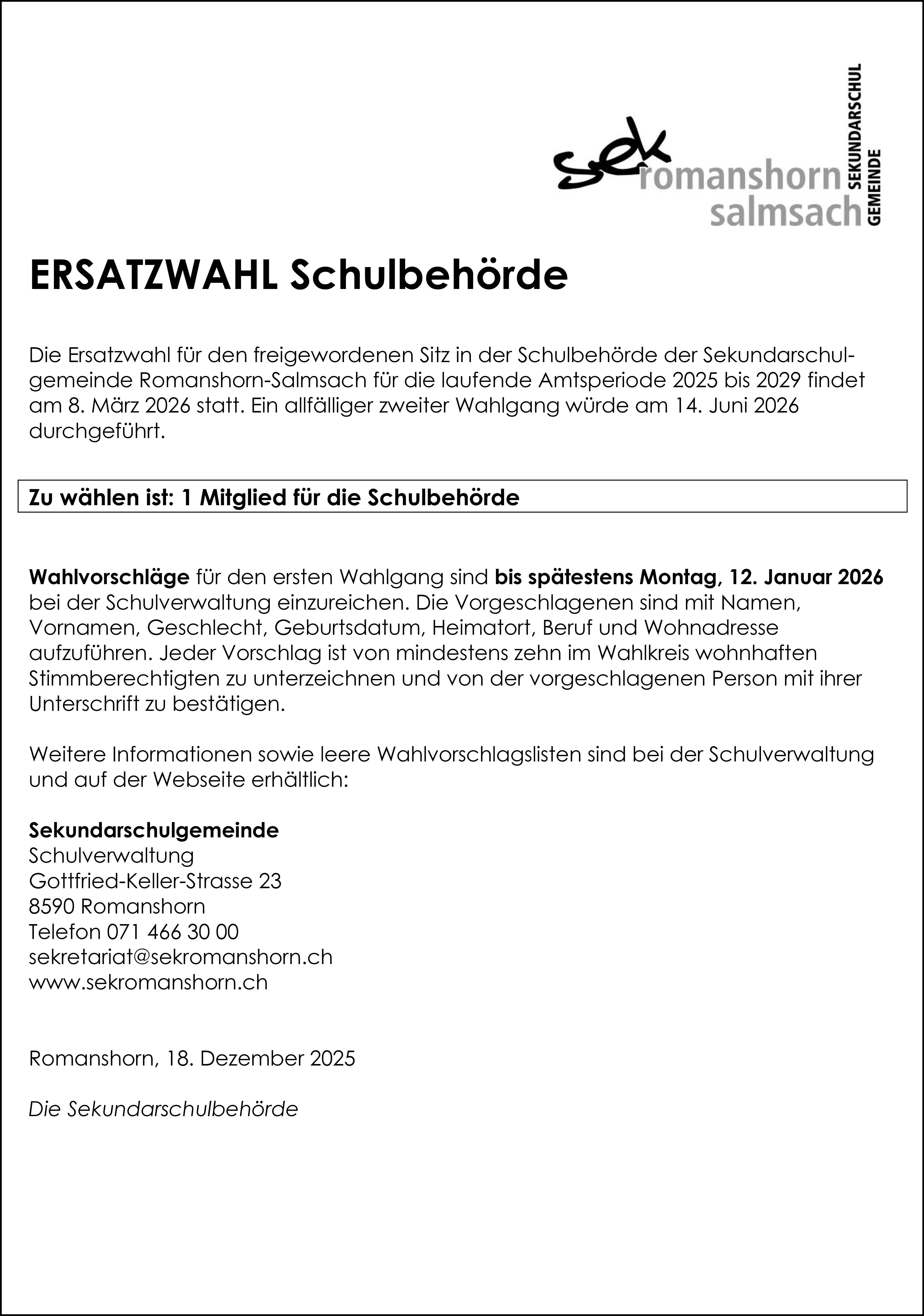 Sekundarschulgemeinde, Romanshorn - Ersatzwahl Schulbehörde