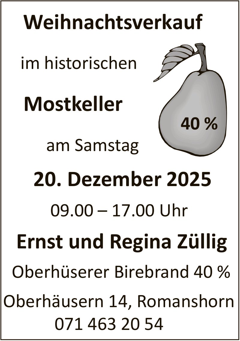 Weihnachtsverkauf im historischen Mostkeller, 20. Dezember, Romanshorn