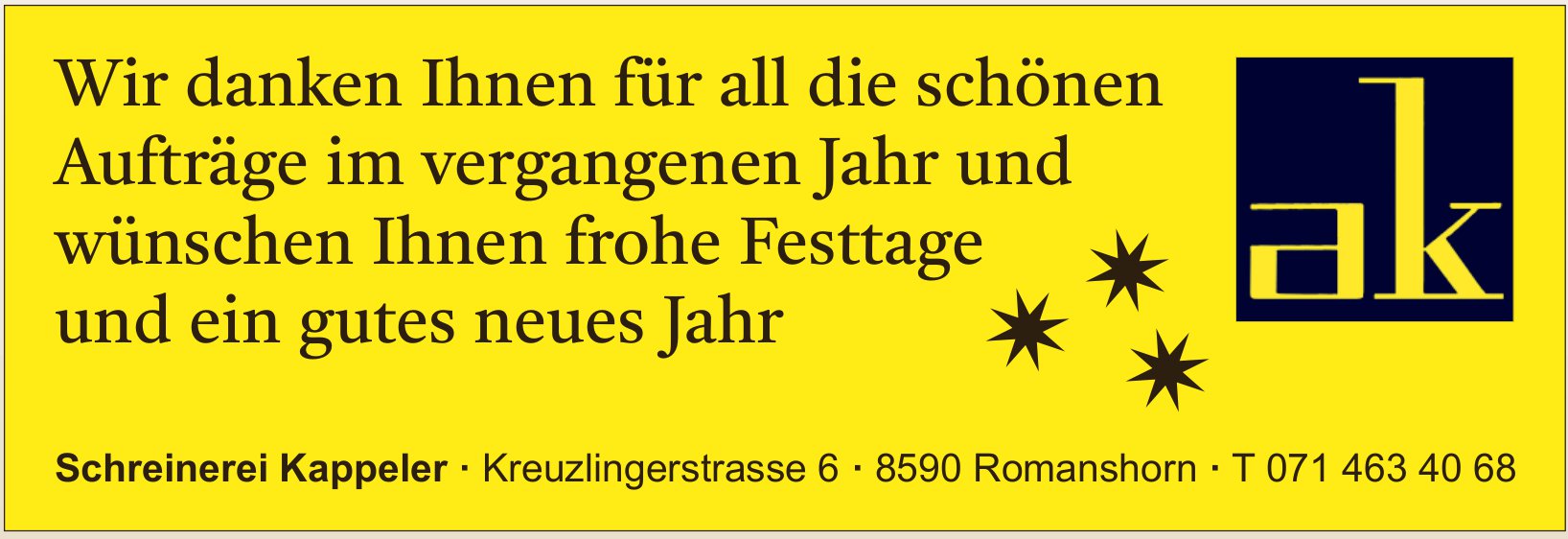 Schreinerei Kappeler, Romanshorn - frohe Festtage und ein gutes neues Jahr