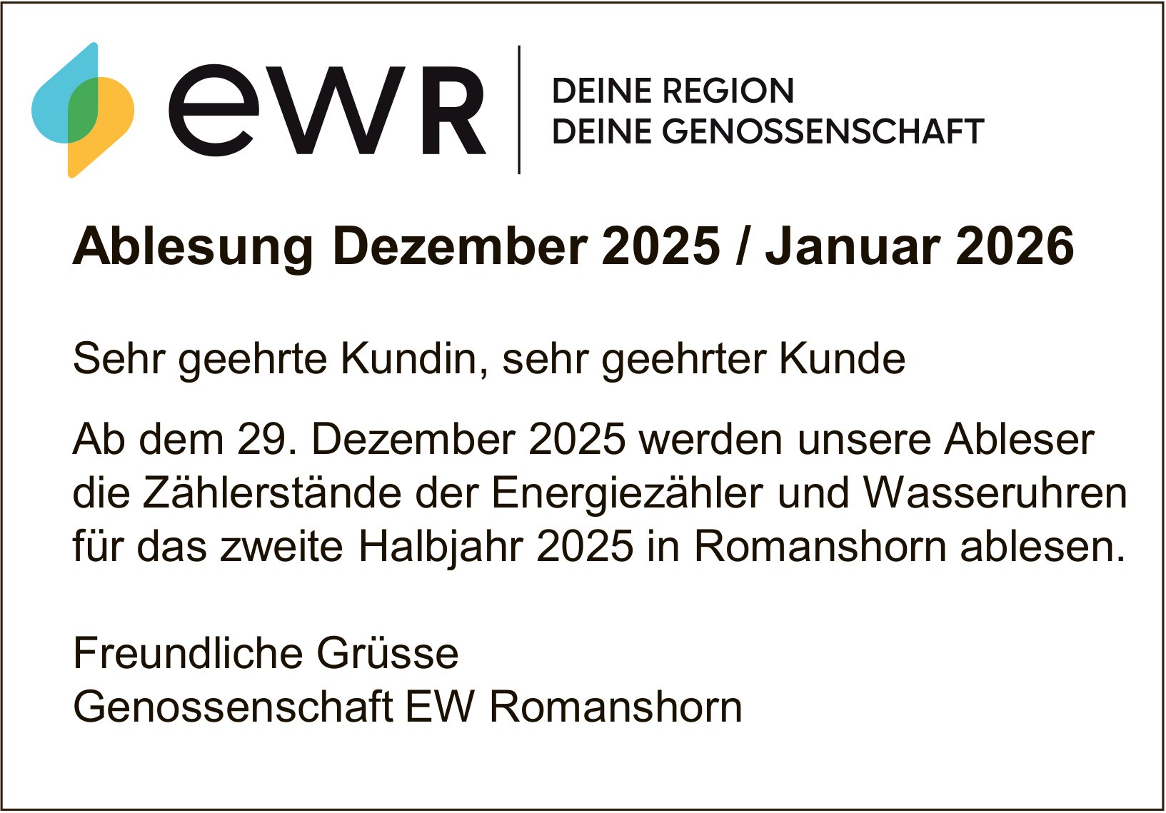 Genossenschaft EW Romanshorn, Ablesung Dezember 2025/Januar 2026