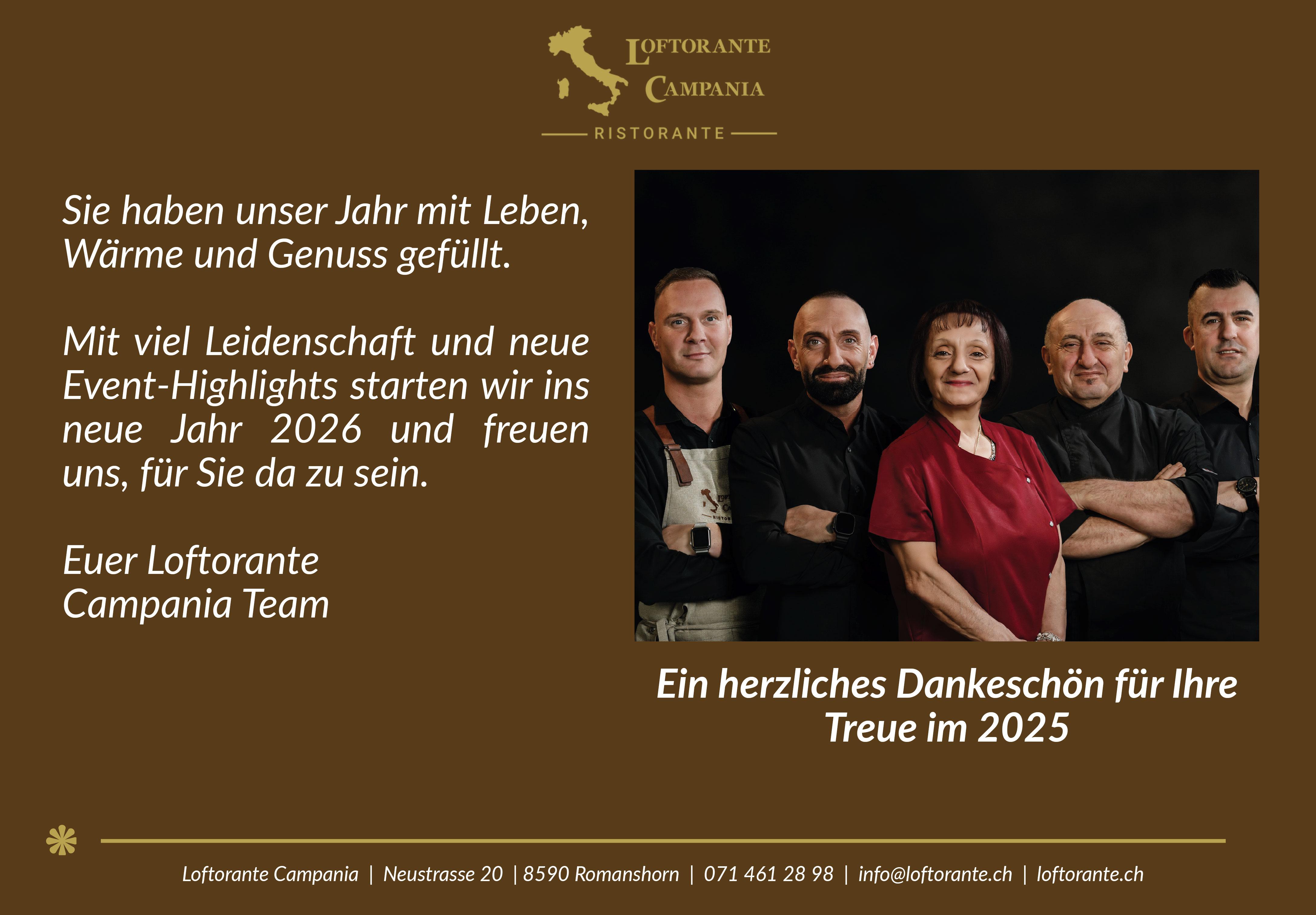 Loftorante Campania Team, Mit viel Leidenschaft und neue Event-Highlights starten wir ins neue Jahr 2026 und freuen uns, für Sie da zu sein.