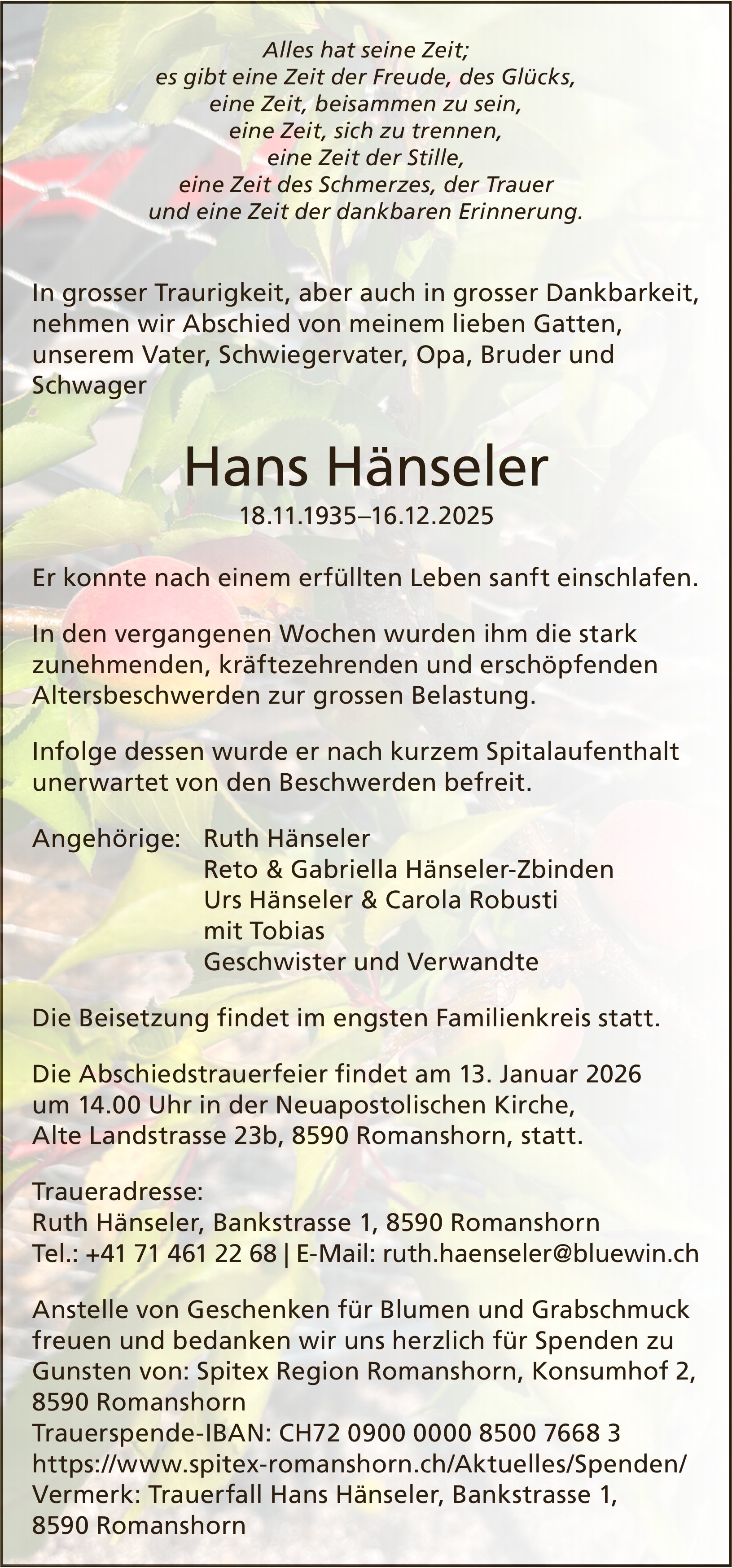 Hänseler Hans, Dezember 2025 / TA