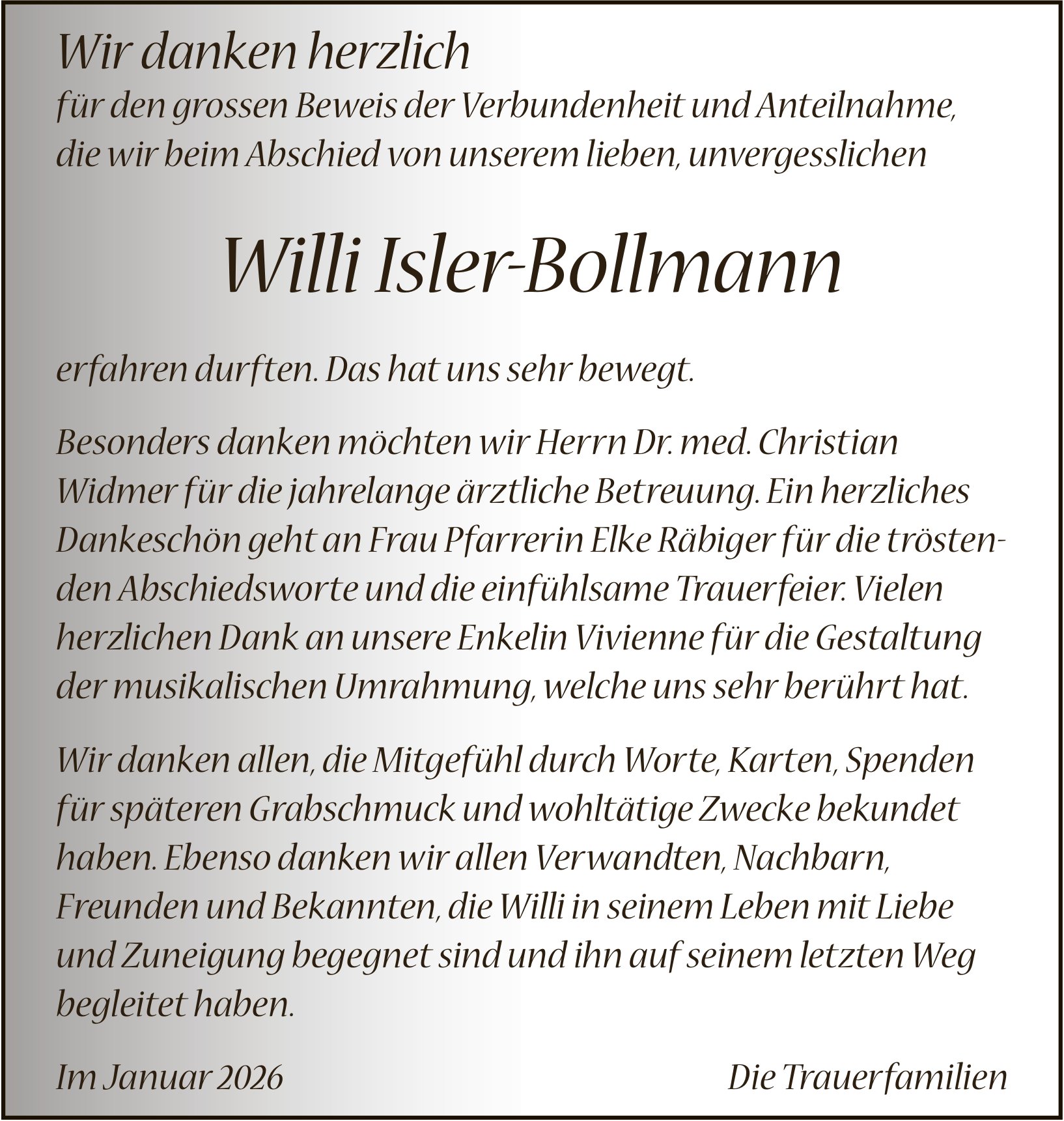 Isler-Bollmann Willi, im Januar 2026 / DS