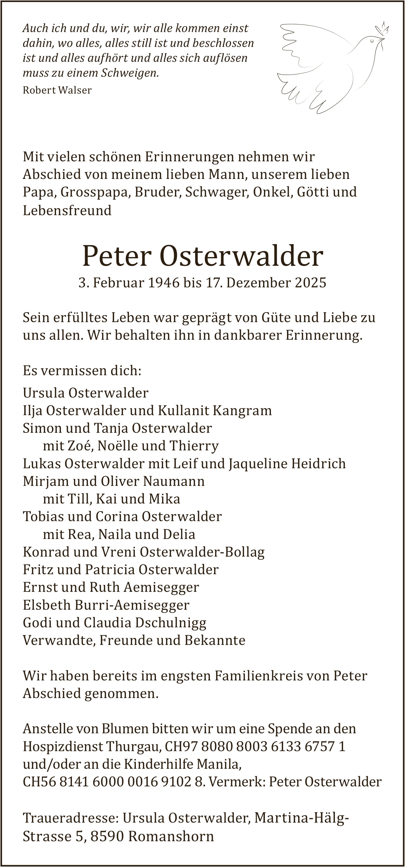 Osterwalder Peter, Dezember 2025 / TA