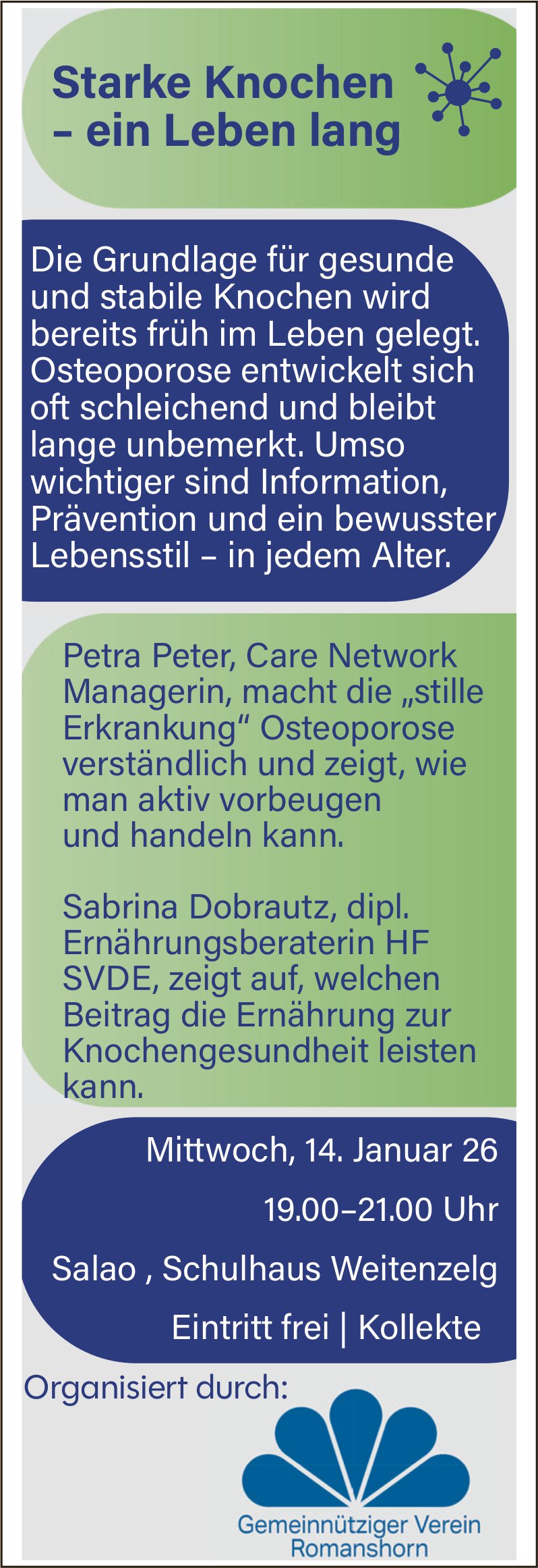 Starke Knochen–ein Leben lang, 14. Januar, Salao, Schulhaus Weitenzelg