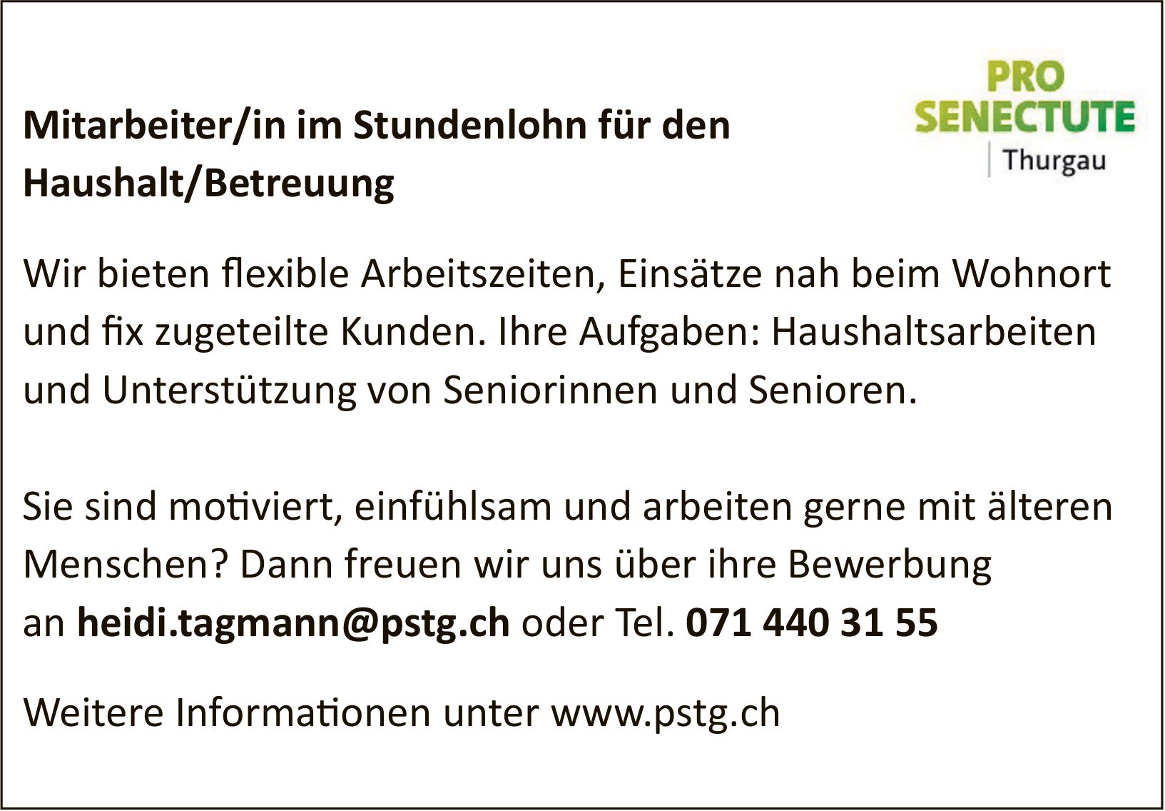Pro Senectute, Mitarbeiter/in im Stundenlohn für den Haushalt/Betreuung