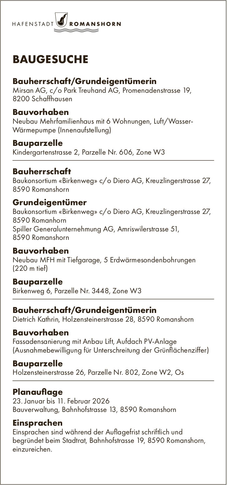 BAUGESUCHE vom 23. Januar bis 11. Februar 2026, Hafenstadt Romanshorn