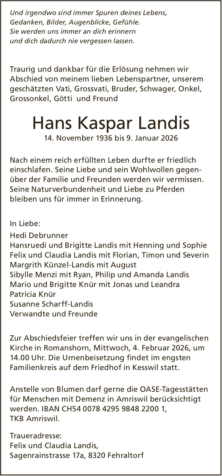 Landis Hans Kaspar, Januar 2026 / TA