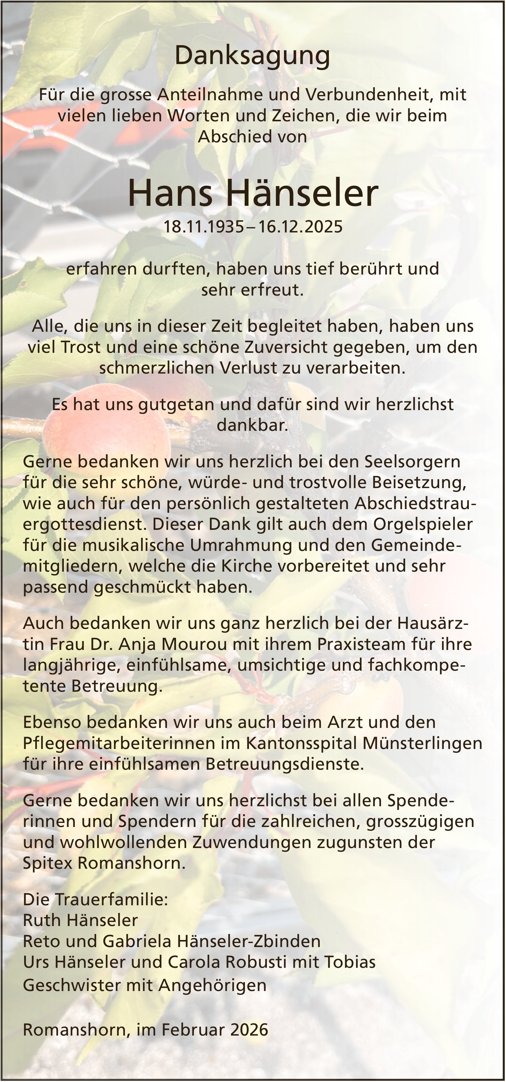 Hänseler Hans, im Februar 2026 / DS